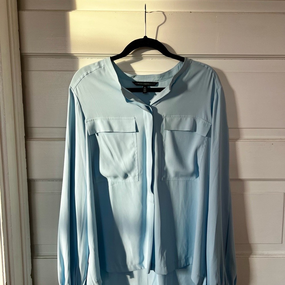 White House Black Market Blue Buttoned Blouse with Mandarin Collar L Never Worn